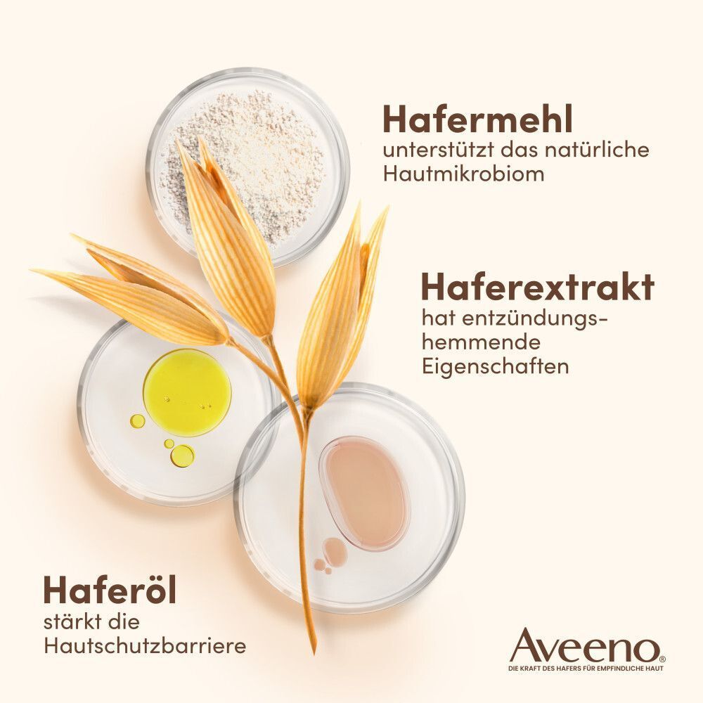 Drei Schalen mit Inhaltsstoffen: Hafermehl, Haferöl, Haferextrakt. Text: Haferkomplex. Marke: Aveeno.