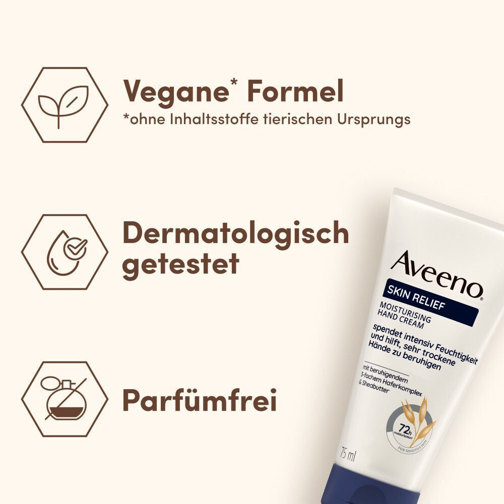 Text: Vegane Formel, dermatologisch getestet, parfümfrei. Handcreme-Tube. Marke: Aveeno Skin Relief.