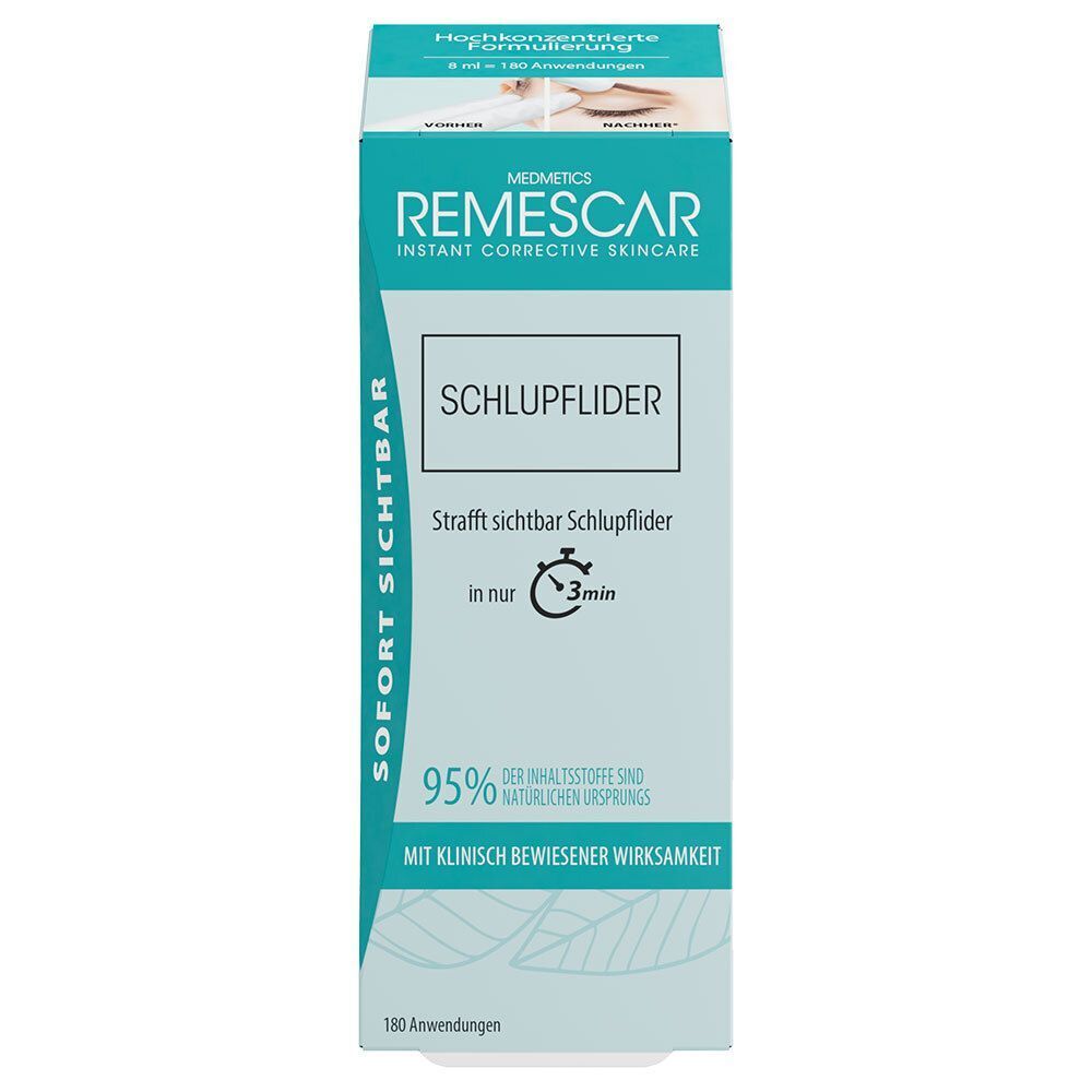 REMECAR Schlupflider Augencreme Verpackung. Produktname, Text und Logo. Türkis-weiße Verpackung mit Produktinformationen.
