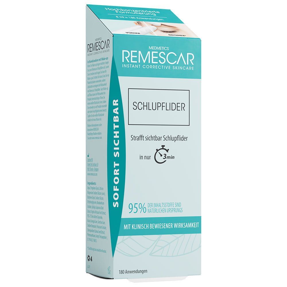 REMECAR Schlupflider Augencreme Verpackung. Produktname, Text und Logo. Türkis-weiße Verpackung mit Produktinformationen.