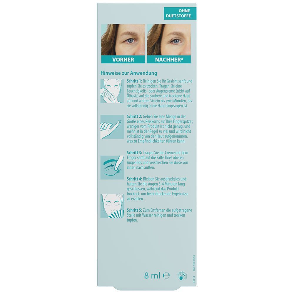 Rückseite der REMESCAR Schlupflider Augencreme Verpackung. Anwendungsanleitung mit Illustrationen und Text in deutscher Sprache.
