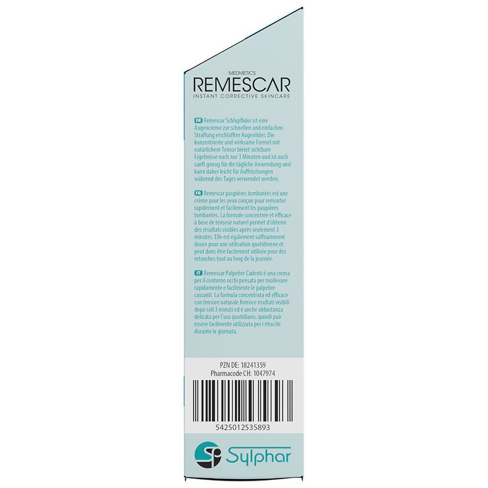 Seite der REMESCAR Schlupflider Augencreme Verpackung. Produktbeschreibung, Inhaltsstoffe und Kontaktinformationen in deutscher Sprache.