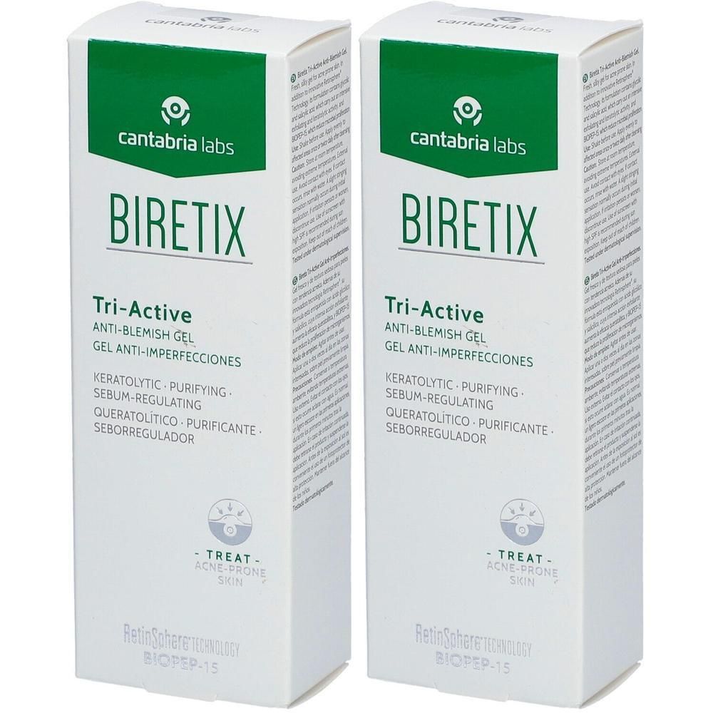 Zwei weiße Kartons mit grünen Akzenten. Aufschrift BIRETIX Tri-Active, Anti-Blemish Gel. Logo von cantabria labs.