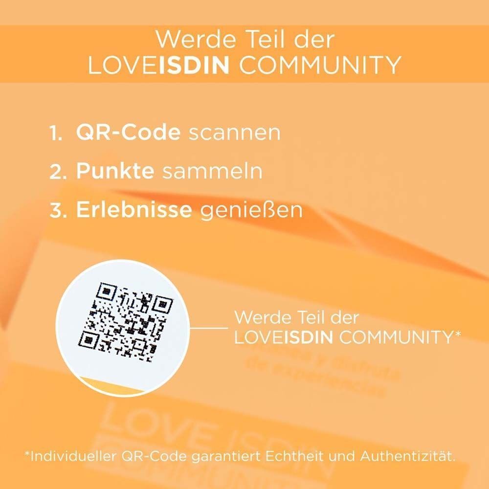 QR-Code auf orangefarbenem Hintergrund. Text: Werde Teil der LOVEISDIN COMMUNITY. 3 Schritte: QR-Code scannen, Punkte sammeln, Erlebnisse genießen.