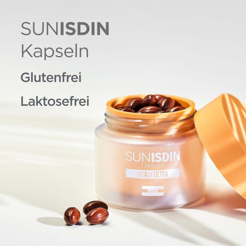 SunISDIN Kapseln Dose mit geöffnetem Deckel und Kapseln. Text: Glutenfrei, Laktosefrei.