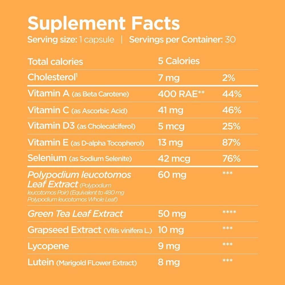 Nährwerttabelle für SunISDIN Kapseln. Enthält Informationen zu Kalorien, Cholesterin, Vitaminen und anderen Inhaltsstoffen.