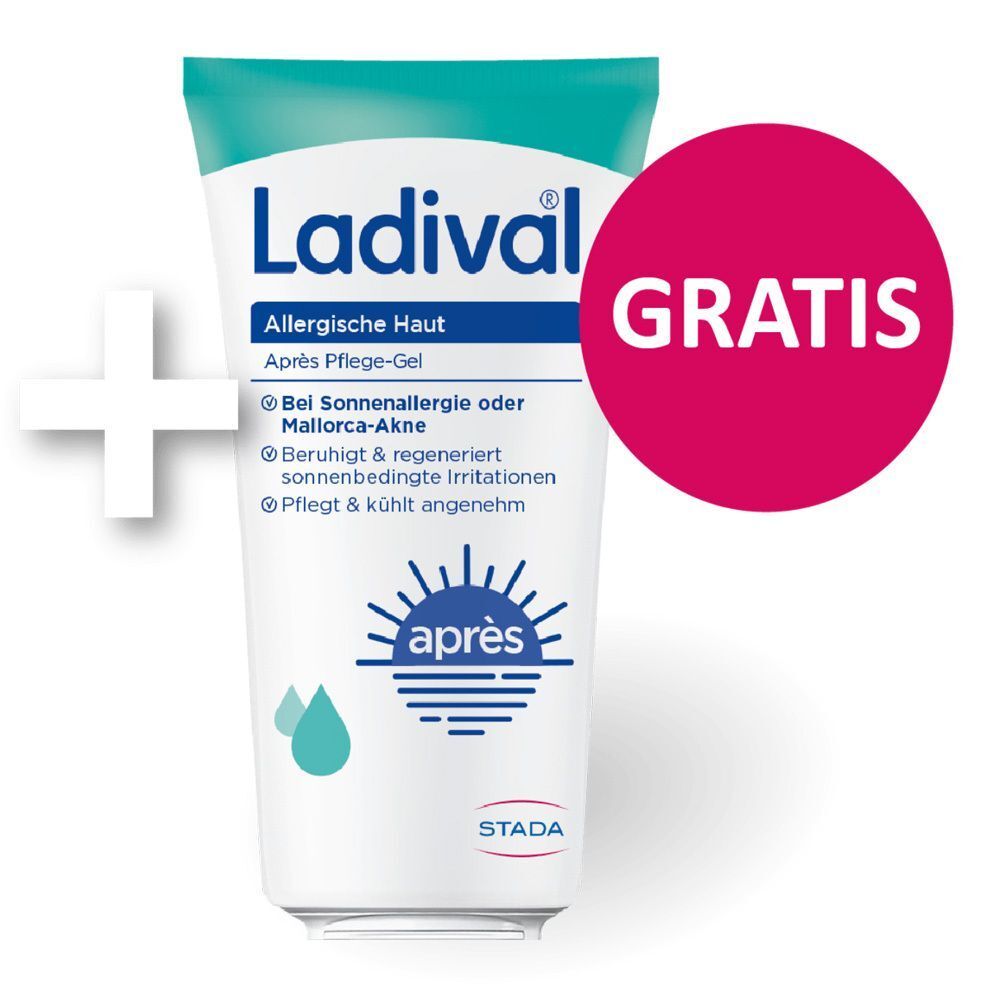 Tube LADIVAL Après Pflege-Gel, blaue Schrift, weißer Hintergrund. Plus-Zeichen und roter Kreis mit "GRATIS"-Schriftzug.