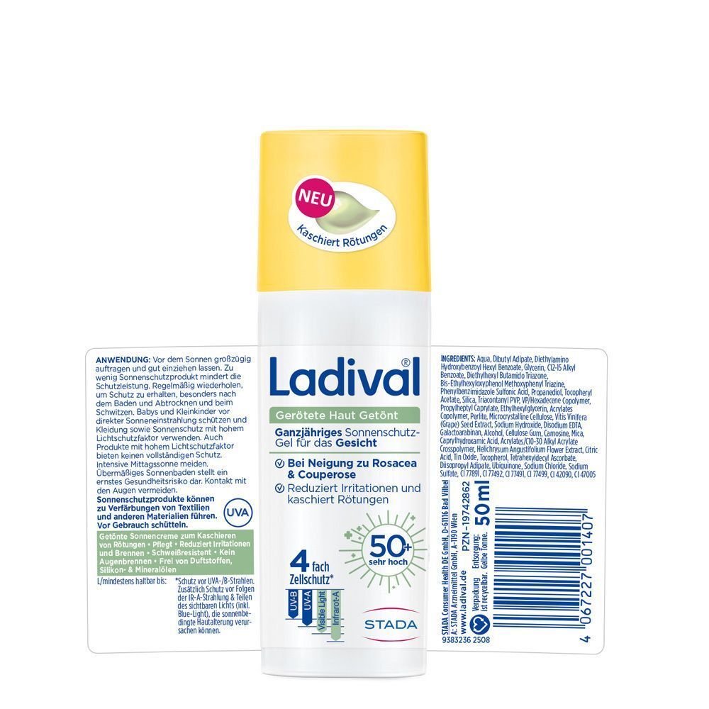 LADIVAL Sonnenschutz-Gel, getönt, LSF 50+, auf weißem Hintergrund. Rückseite mit Produktinformationen und Barcode.