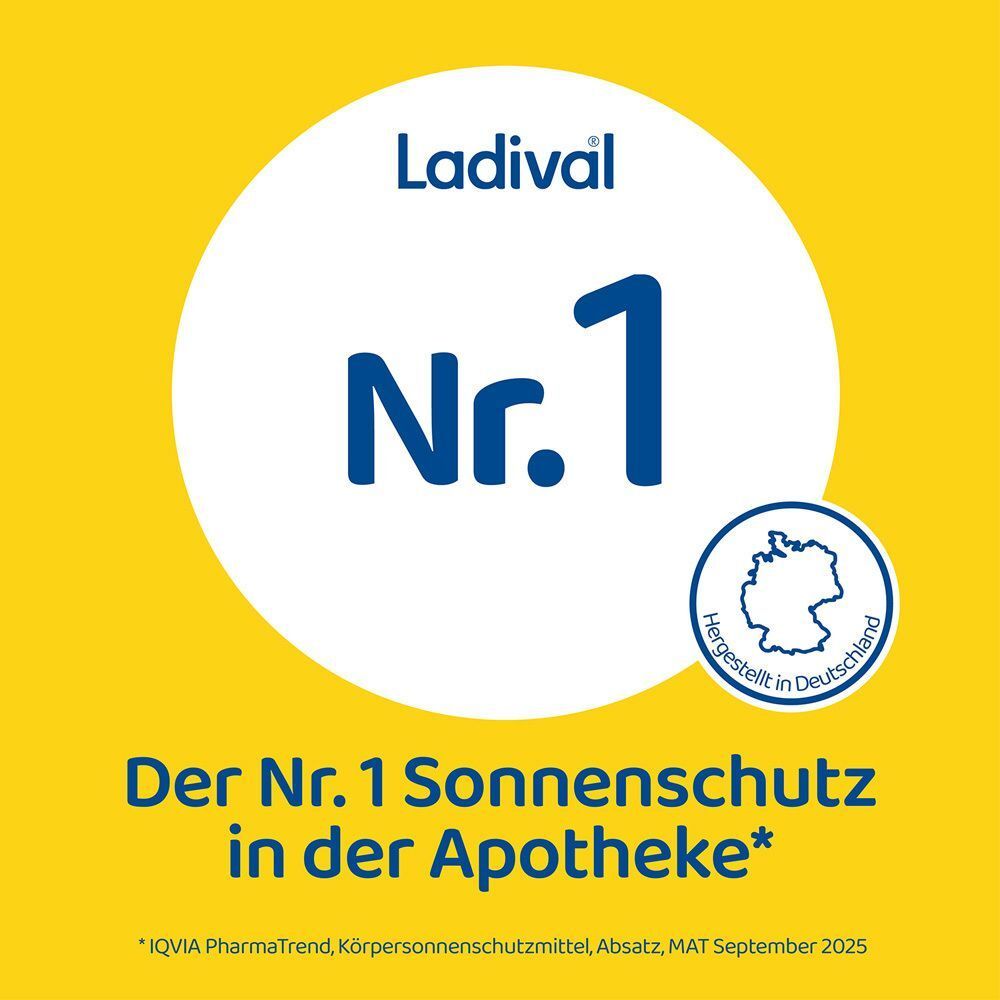 Weißer Kreis mit blauem Text: "Nr. 1" und "Der Nr. 1 Sonnenschutz in der Apotheke". Gelber Hintergrund. Logo "Hergestellt in Deutschland".