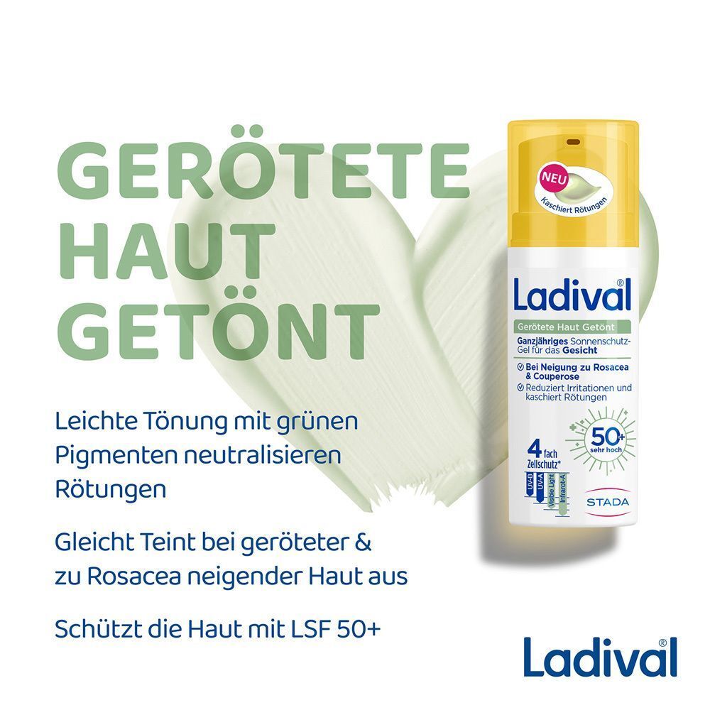 Text: "GERÖTETE HAUT GETÖNT". LADIVAL Sonnenschutz-Gel. Grüne Pigmente neutralisieren Rötungen. LSF 50+.