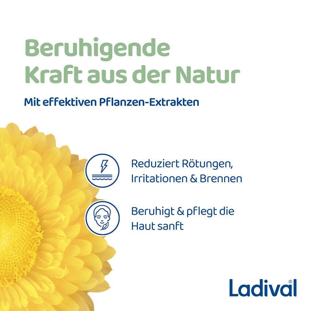 Text: "Beruhigende Kraft aus der Natur". Sonnenblume. Icons: Rötungen reduzieren, Haut beruhigen. LADIVAL Logo.