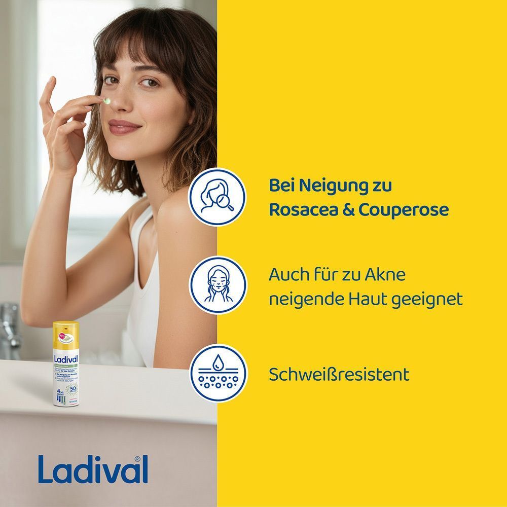 Frau trägt Sonnenschutz auf. LADIVAL Sonnenschutz-Gel. Icons: Rosacea, Akne, schweißresistent. Gelber Hintergrund.