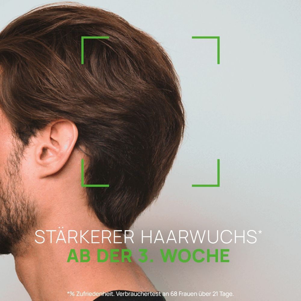 Mann mit braunen Haaren. Text: Stärkerer Haarwuchs ab der 3. Woche. Grüne Markierungen um den Kopf.