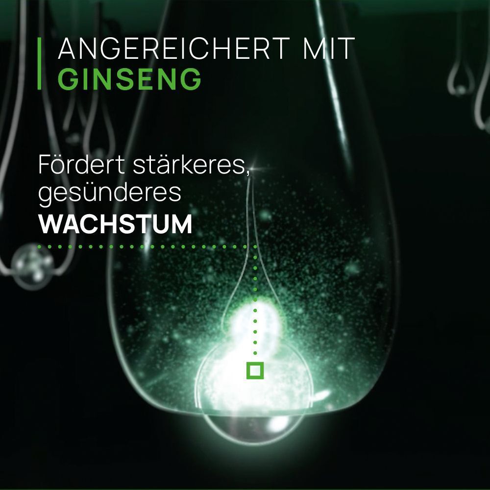 Tropfenförmige Abbildung mit Ginseng-Extrakt. Text: Fördert stärkeres, gesünderes Wachstum. Grüner Hintergrund.