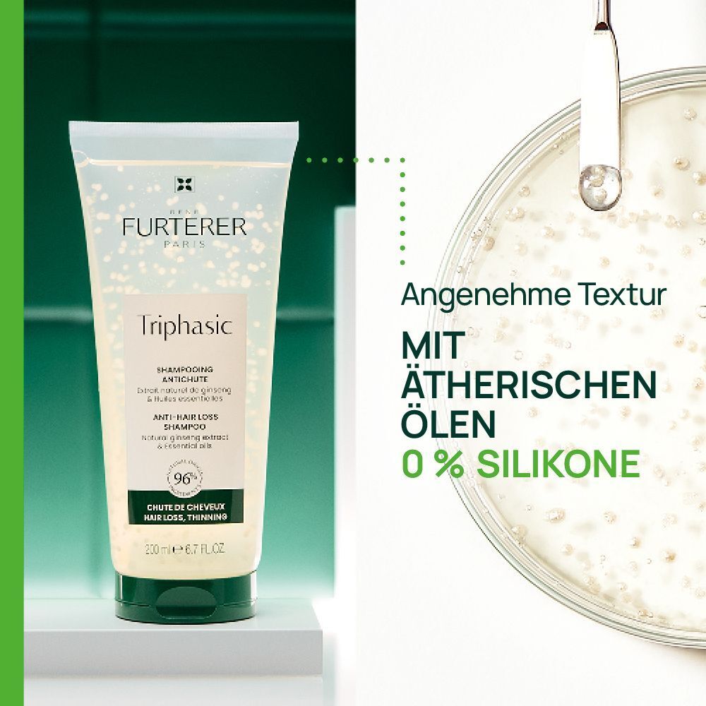 TRIPHASIC Shampoo-Tube. Text: Angenehme Textur mit ätherischen Ölen. 0% Silikone. Marke: René Furterer Paris.