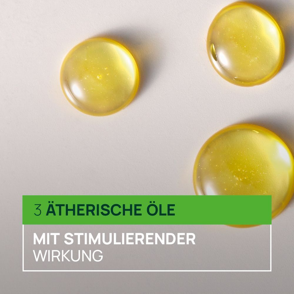 Drei gelbe, runde Tropfen. Text: 3 ätherische Öle mit stimulierender Wirkung. Weißer Hintergrund.