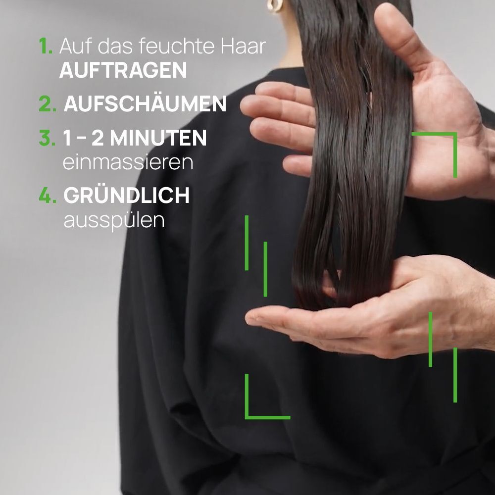 Hände tragen Shampoo auf feuchtes Haar auf. Text: 4 Schritte. Grüne Markierungen.