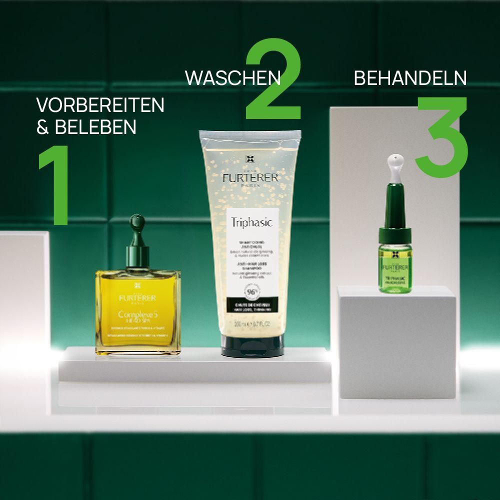 Drei Produkte auf einer weißen Oberfläche. Text: Vorbereiten & Beleben, Waschen, Behandeln. Grüne Fliesen.