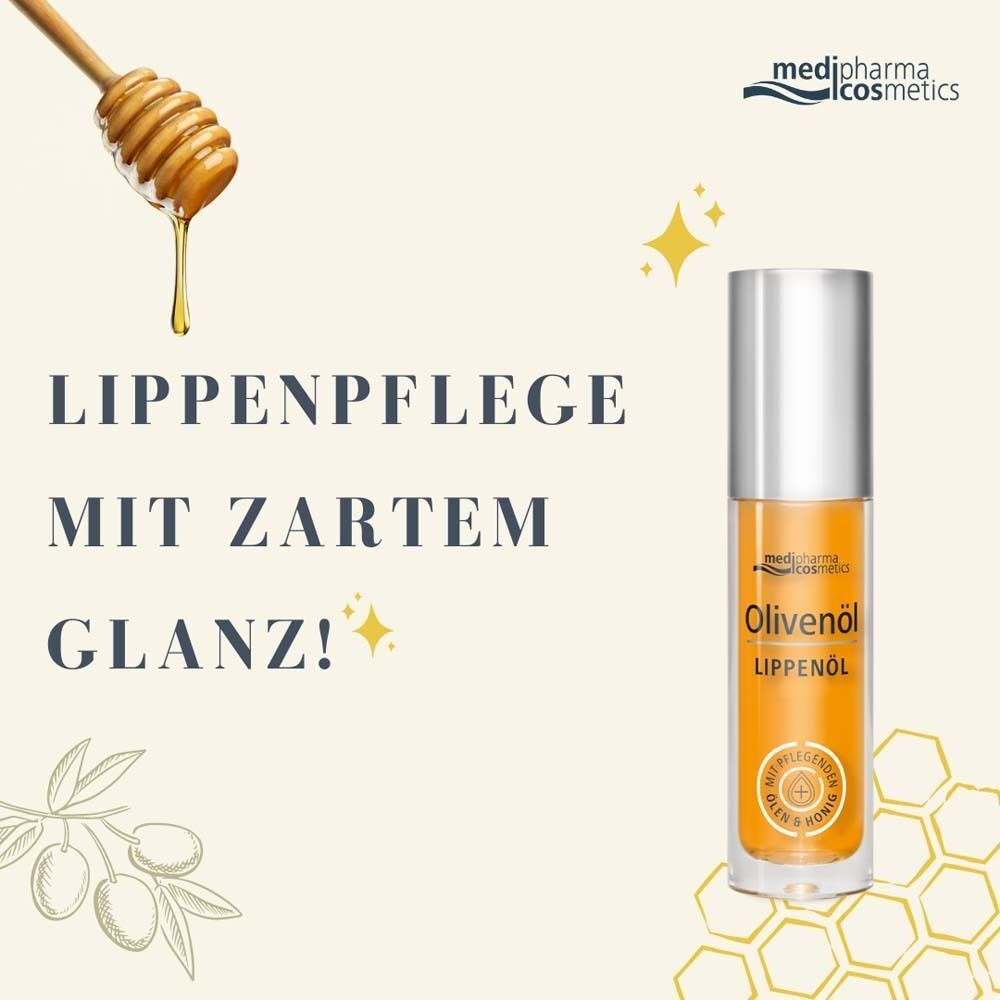 Eine Flasche Olivenöl Lippenöl. Text: Lippenpflege mit zartem Glanz! Honigwabe und Olivenzweig im Hintergrund.