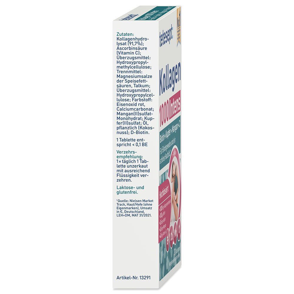 Seitenansicht der tetesept® Kollagen 1000 Intens Packung. Weiße Schachtel mit blauer und roter Schrift. Enthält Inhaltsstoffe.