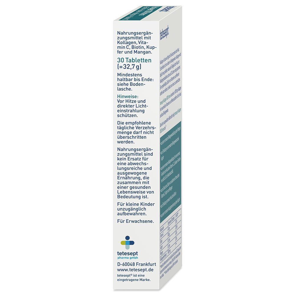 Rückseite der tetesept® Kollagen 1000 Intens Packung. Weiße Schachtel mit blauer Schrift. Enthält Informationen zur Anwendung.