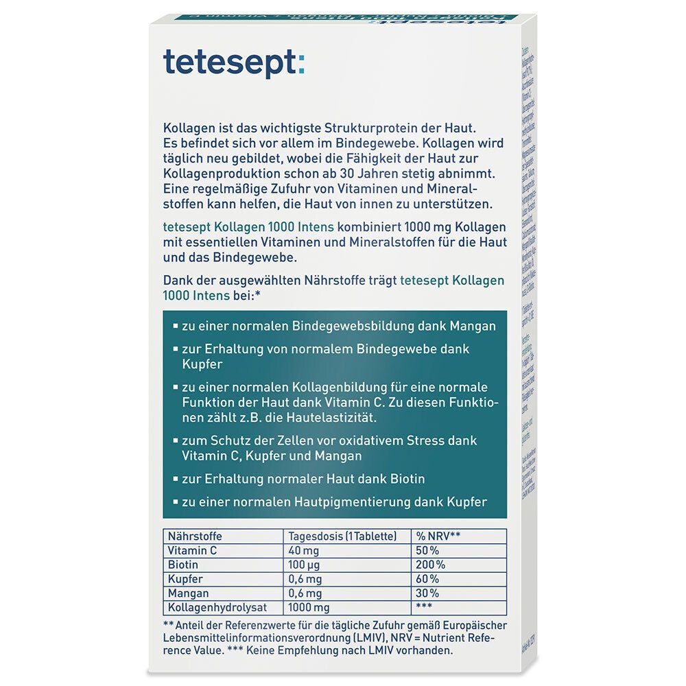 Rückseite der tetesept® Kollagen 1000 Intens Packung. Weiße Schachtel mit blauer Schrift. Enthält Nährwertangaben.