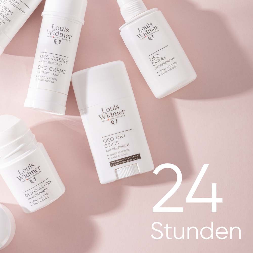 Verschiedene Louis Widmer Deo-Produkte auf rosa Hintergrund. Deo Dry Stick, Deo Crème, Deo Roll-on, Deo Spray. Mit Zahl 24.