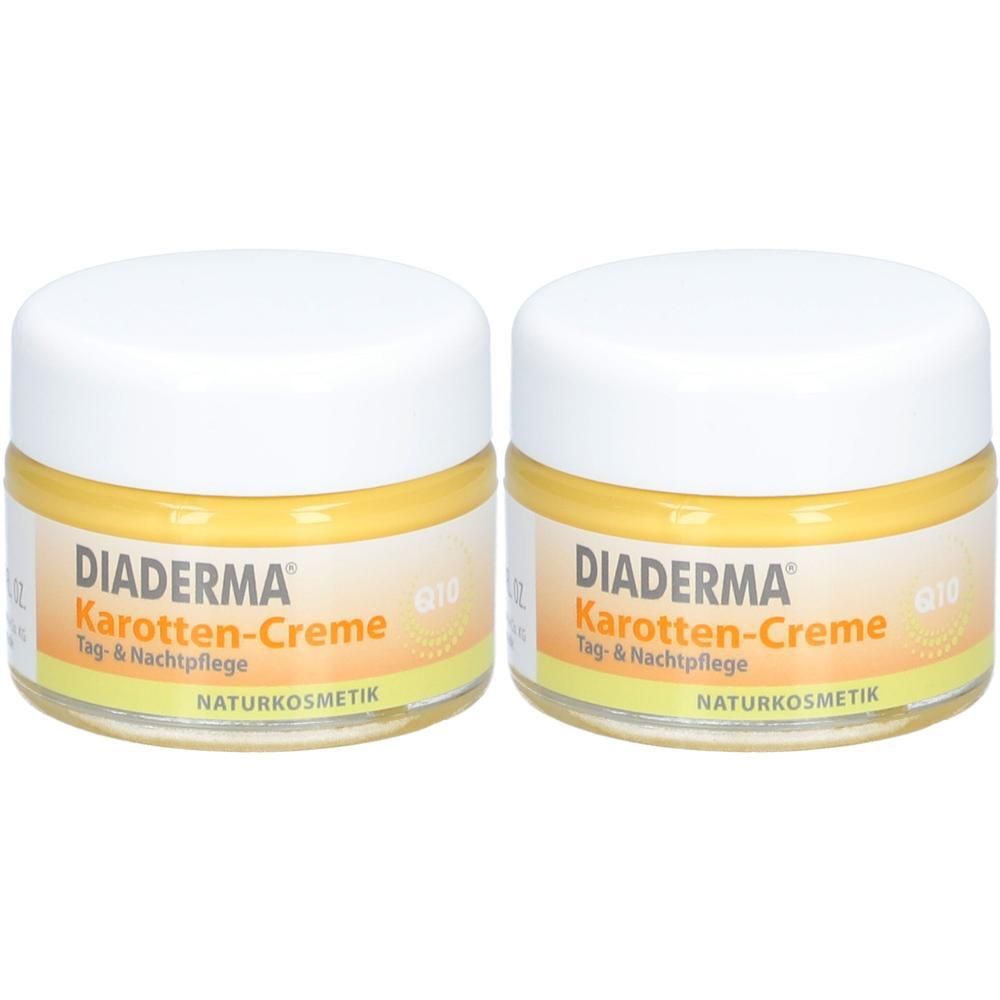 Zwei Cremetiegel mit weißem Deckel. Aufschrift: DIADERMA Karotten-Creme, Tag-&Nachtpflege, Naturkosmetik.