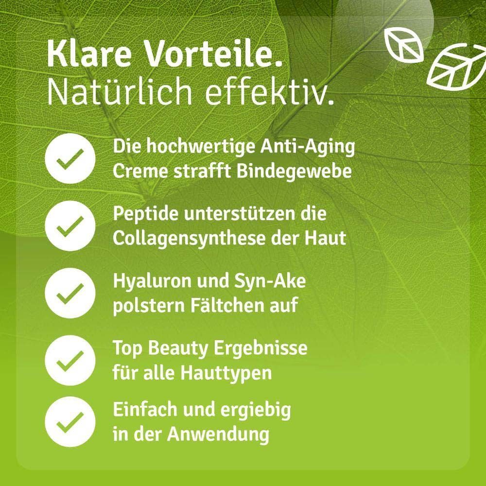 Text: Die hochwertige Anti-Aging Creme strafft Bindegewebe, Peptide unterstützen die Collagensynthese der Haut, Hyaluron polstern Fältchen auf.