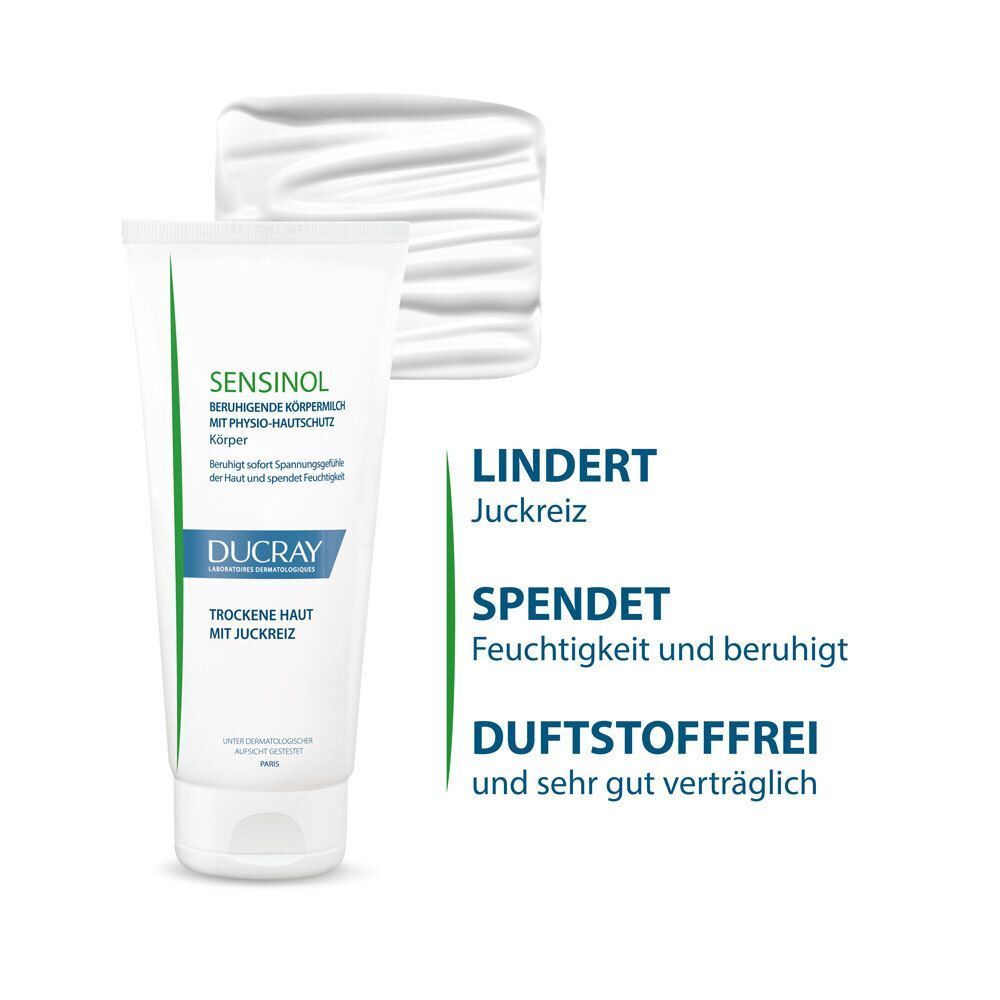 Tube Körperlotion mit weißer Creme. Text: SENSINOL, DUCRAY, beruhigende Körpermilch, trockene Haut. Text: Lindert Juckreiz, spendet Feuchtigkeit.