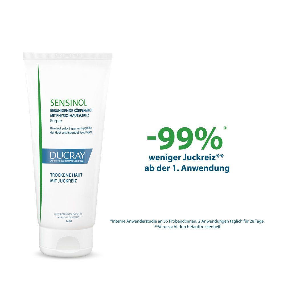 Tube Körperlotion. Text: SENSINOL, DUCRAY, beruhigende Körpermilch, trockene Haut. Text: -99% weniger Juckreiz ab der 1. Anwendung.