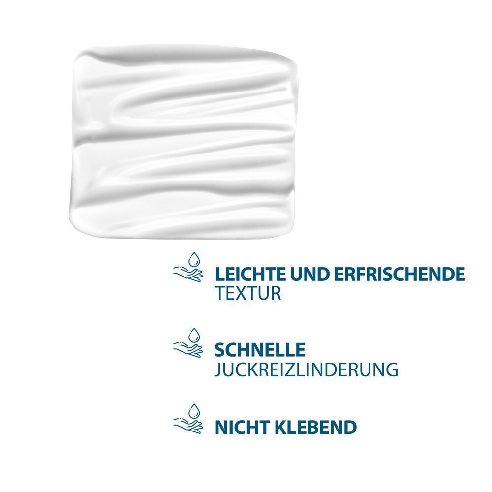 Quadratische weiße Creme. Text: Leichte und erfrischende Textur, schnelle Juckreizlinderung, nicht klebend.