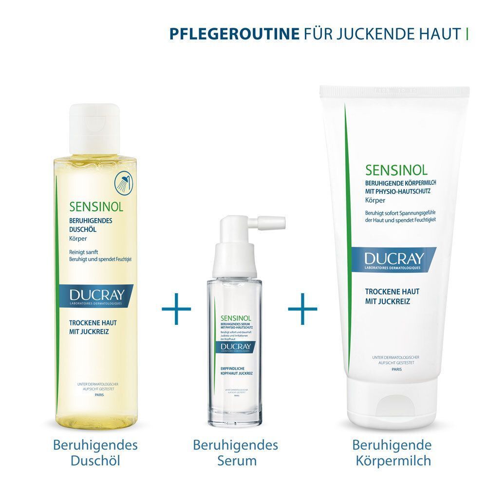 Drei Produkte: Duschöl, Serum, Körpermilch. Text: SENSINOL, DUCRAY, beruhigendes Duschöl, Serum, Körpermilch, trockene Haut.