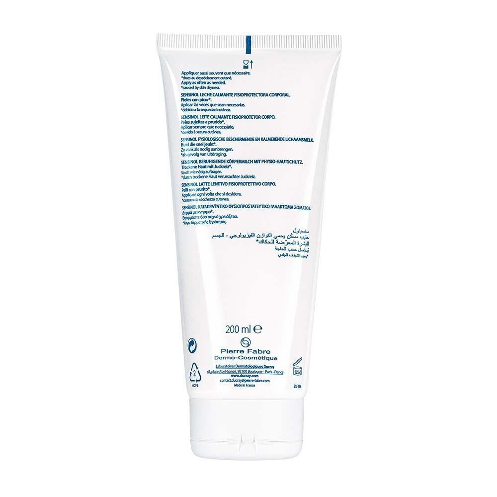 Rückseite der Körperlotion-Tube. Text: 200 ml, Herstellerinformationen, Recycling-Symbole.