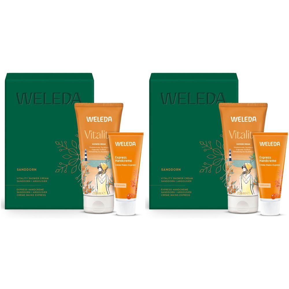 Zwei Geschenksets mit grüner Verpackung, orangefarbenen Tuben und dem Schriftzug WELEDA. Enthält Duschcreme und Handcreme.