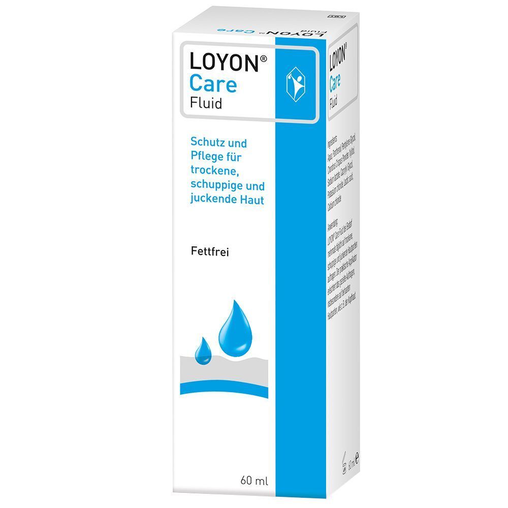 Verpackung LOYON Care Fluid. Blaue und weiße Gestaltung. Text: Schutz und Pflege für trockene, schuppige und juckende Haut. 60 ml.