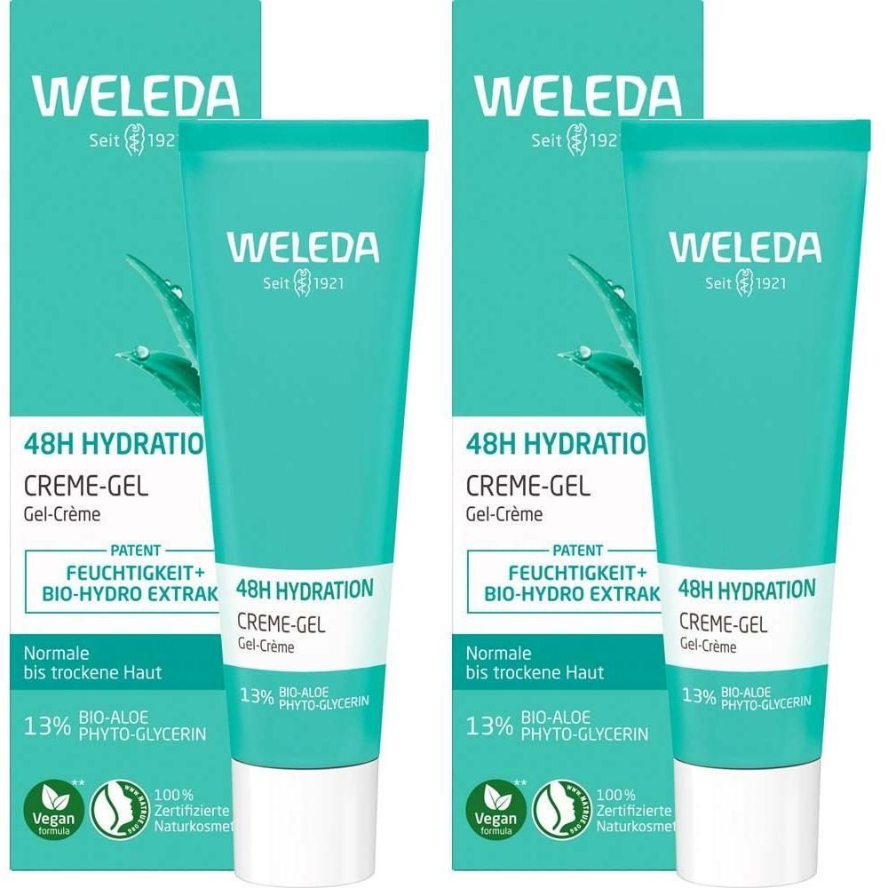 Zwei Tuben Creme-Gel mit Verpackung. Marke WELEDA, Schriftzug '48h Hydration Creme-Gel'. Vegan-Siegel.