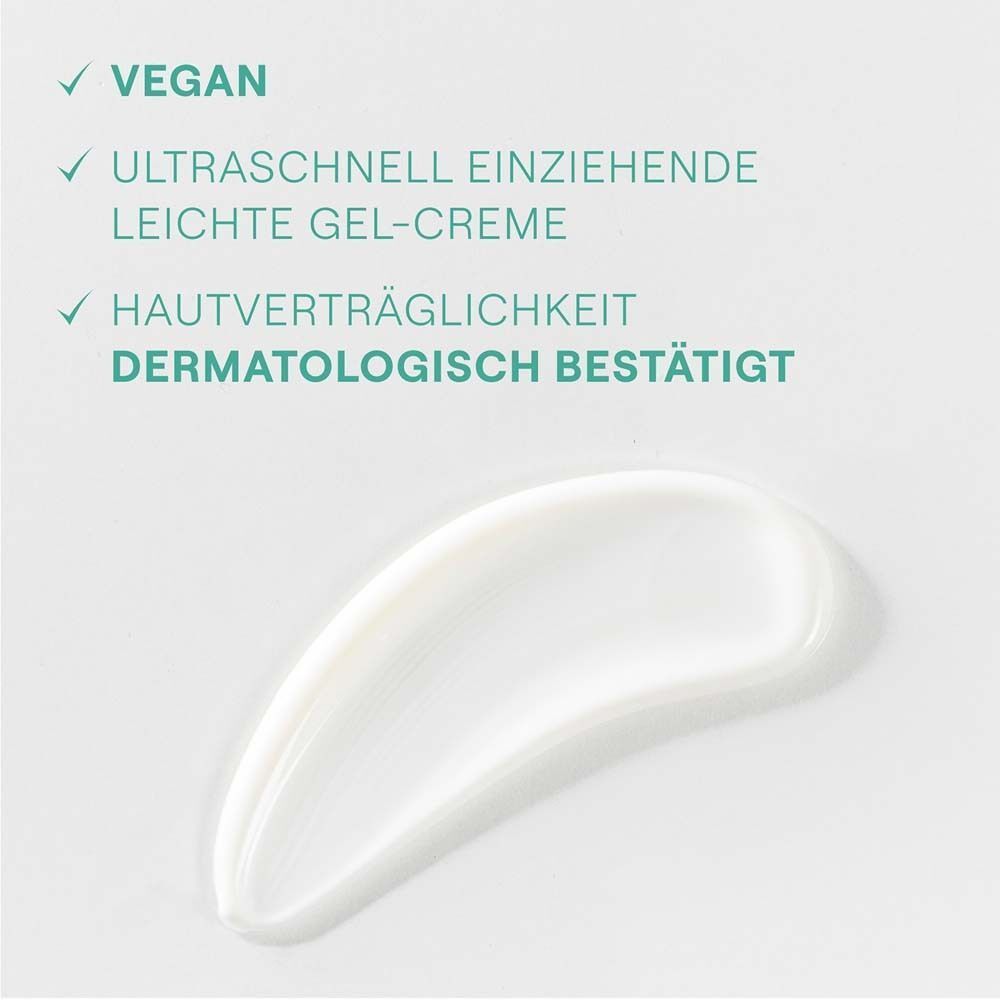 Weißer Klecks Creme-Gel. Text: Vegan, ultraschnell einziehend, dermatologisch bestätigt.