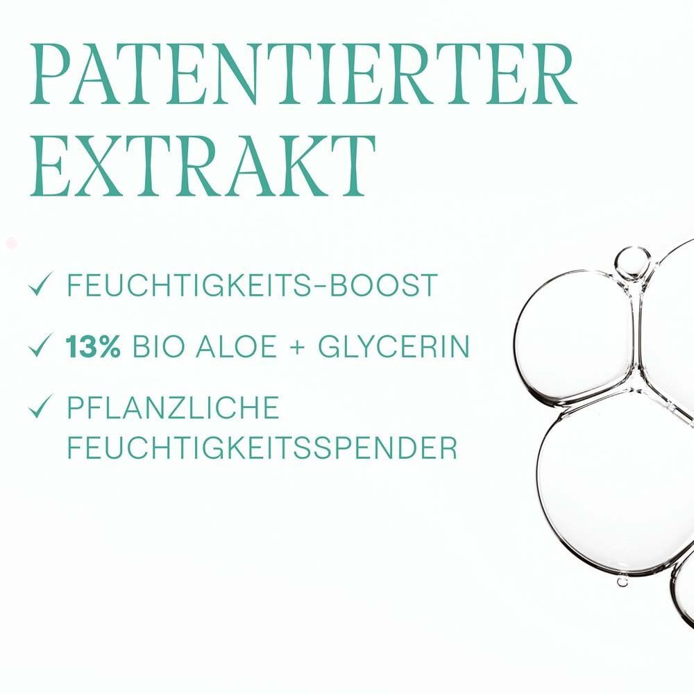 Text: Patentierter Extrakt. Text: Feuchtigkeits-Boost, 13% Bio Aloe + Glycerin, pflanzliche Feuchtigkeitsspender.