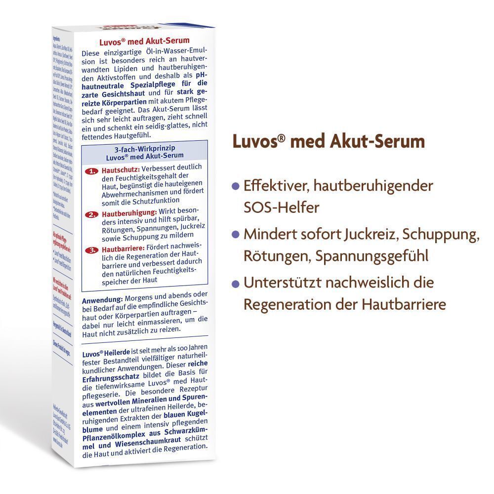 Textseite mit Informationen zu LUVOS Akut-Serum. 3-fach-Wirkprinzip. SOS-Hilfe. Reduziert Juckreiz, Rötungen, Spannungsgefühl.