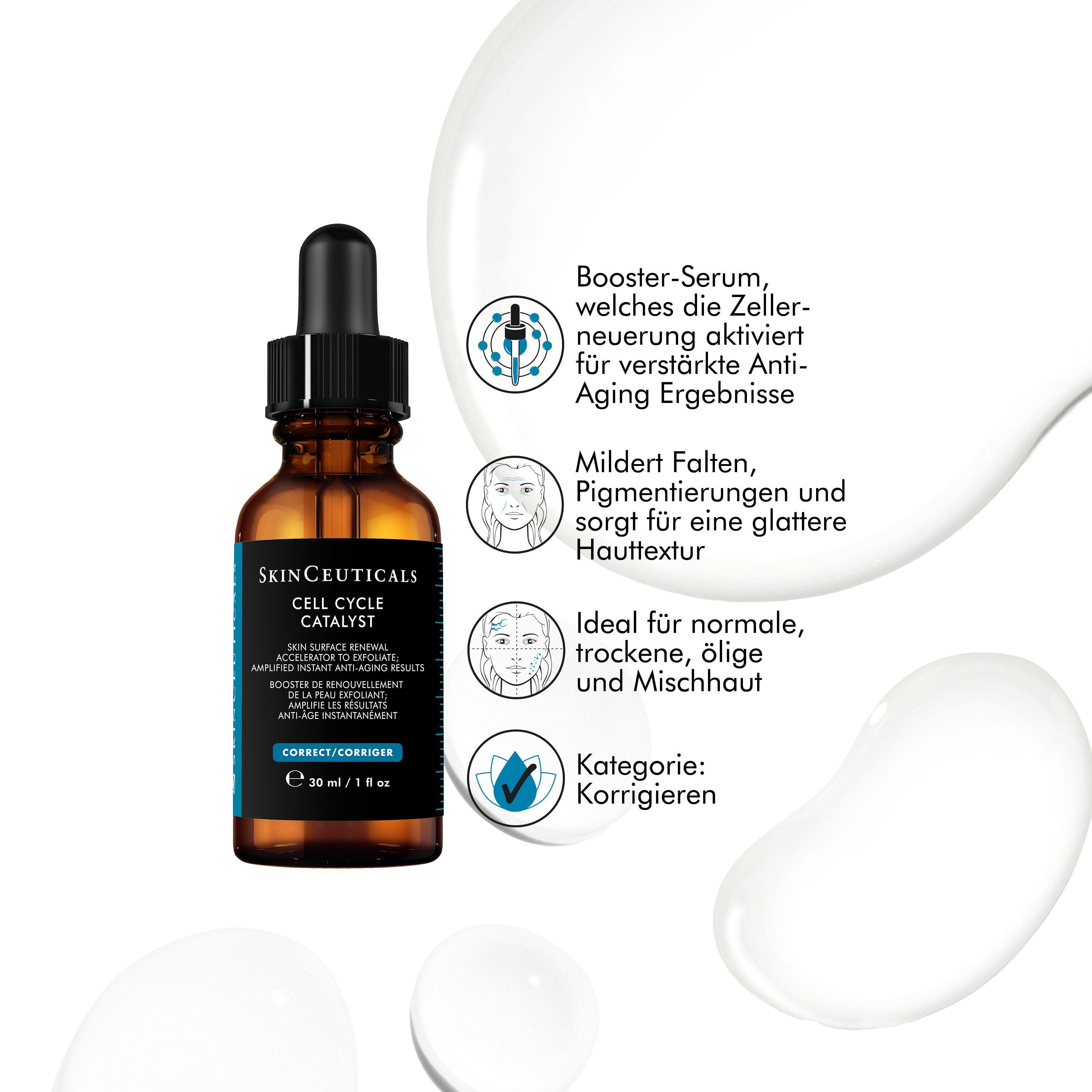 SKINCEUTICALS Cell Cycle Catalyst Flasche. Braune Glasflasche mit schwarzer Pipette. Text: Booster-Serum, ideal für normale, trockene, ölige und Mischhaut.