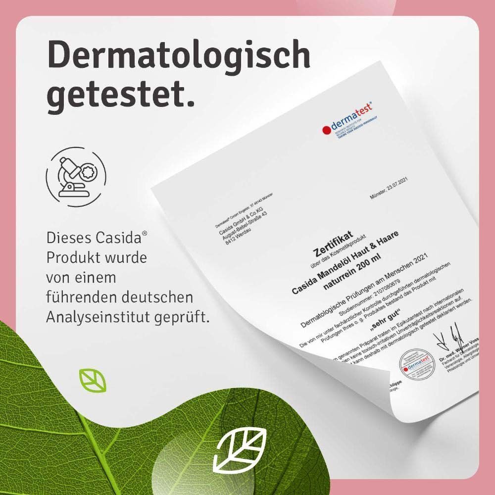 Zertifikat für Casida Mandelöl Haut & Haare naturrein. Dermatologische Prüfungen am Menschen 2021. Geprüft von einem deutschen Analyseinstitut. Dermatologisch getestet.