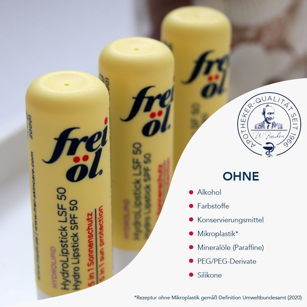 Drei FREI ÖL Hydrolipid HydroLipstick LSF 50. Gelbe Lippenpflegestifte. Ohne-Liste mit Inhaltsstoffen.