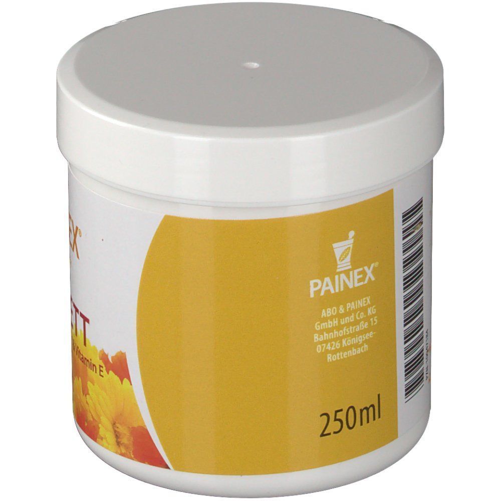 Weißer Tiegel mit Deckel. Aufschrift: PAINEX, MELKFETT. Gelber Hintergrund. Aufschrift: 250ml.