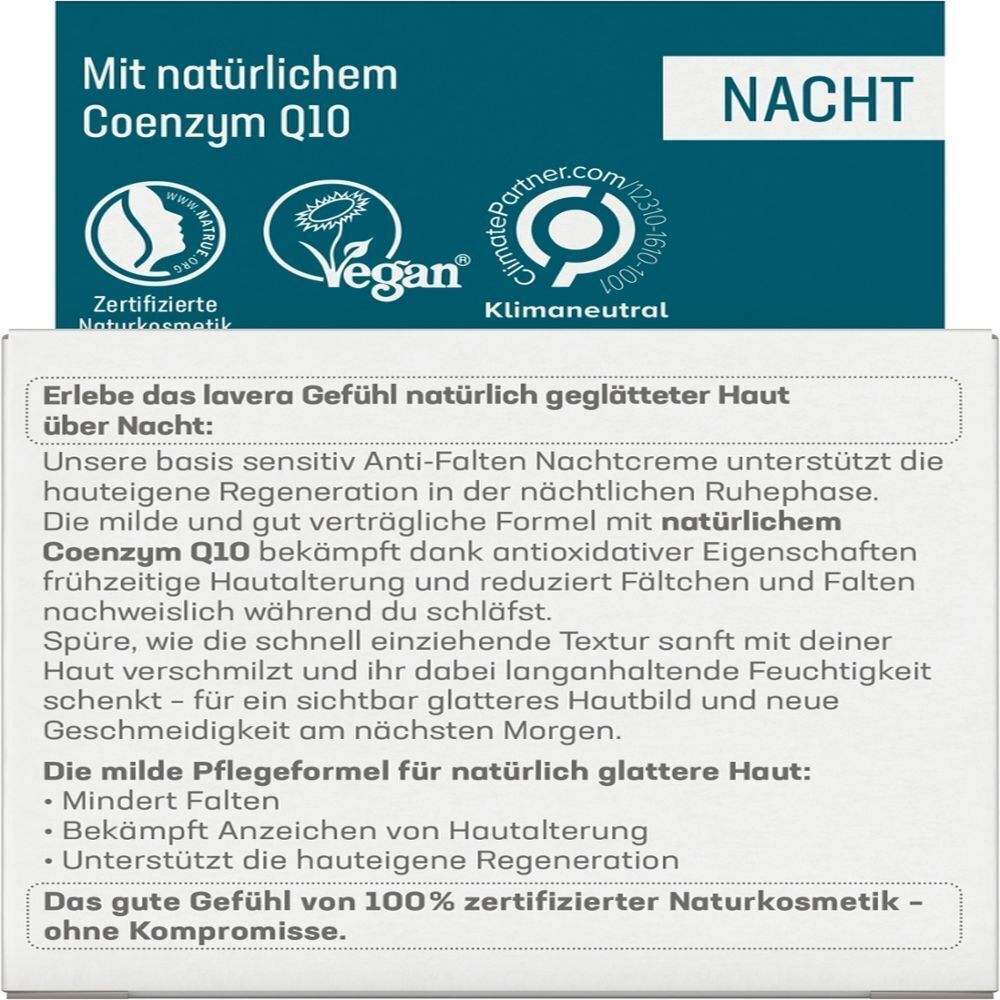 Verpackung mit Text. Aufschrift: lavera NATURKOSMETIK. BASIS SENSITIV ANTI-FALTEN NACHTCREME. Vegan-Siegel. Bio-Zertifizierung.
