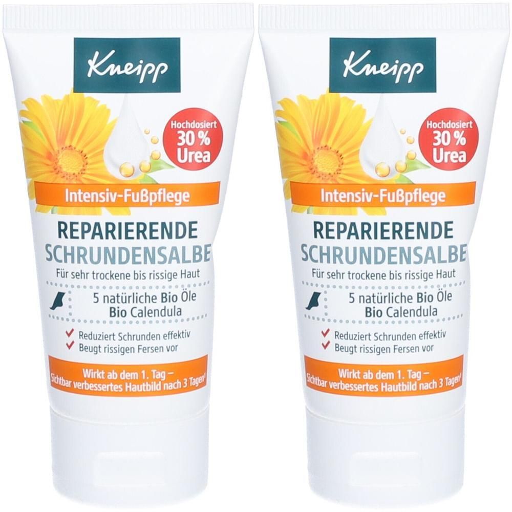 Zwei Tuben Fußsalbe. Weiß, mit grüner und oranger Beschriftung. Enthält 30% Urea. Marke Kneipp. Reparierende Schrundensalbe.