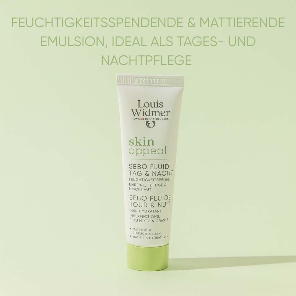 Tube Louis Widmer skin appeal Sebo Fluid Tag & Nacht. Weiße Tube mit grünen Akzenten. Text: Feuchtigkeitsspendende & mattierende Emulsion.