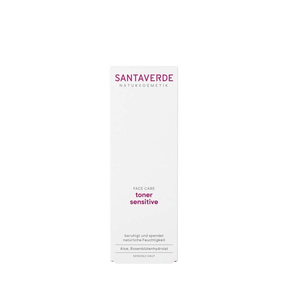 Weiße Verpackung mit Aufschrift: SANTAVERDE, FACE CARE, toner sensitive. Beruhigt und spendet Feuchtigkeit.