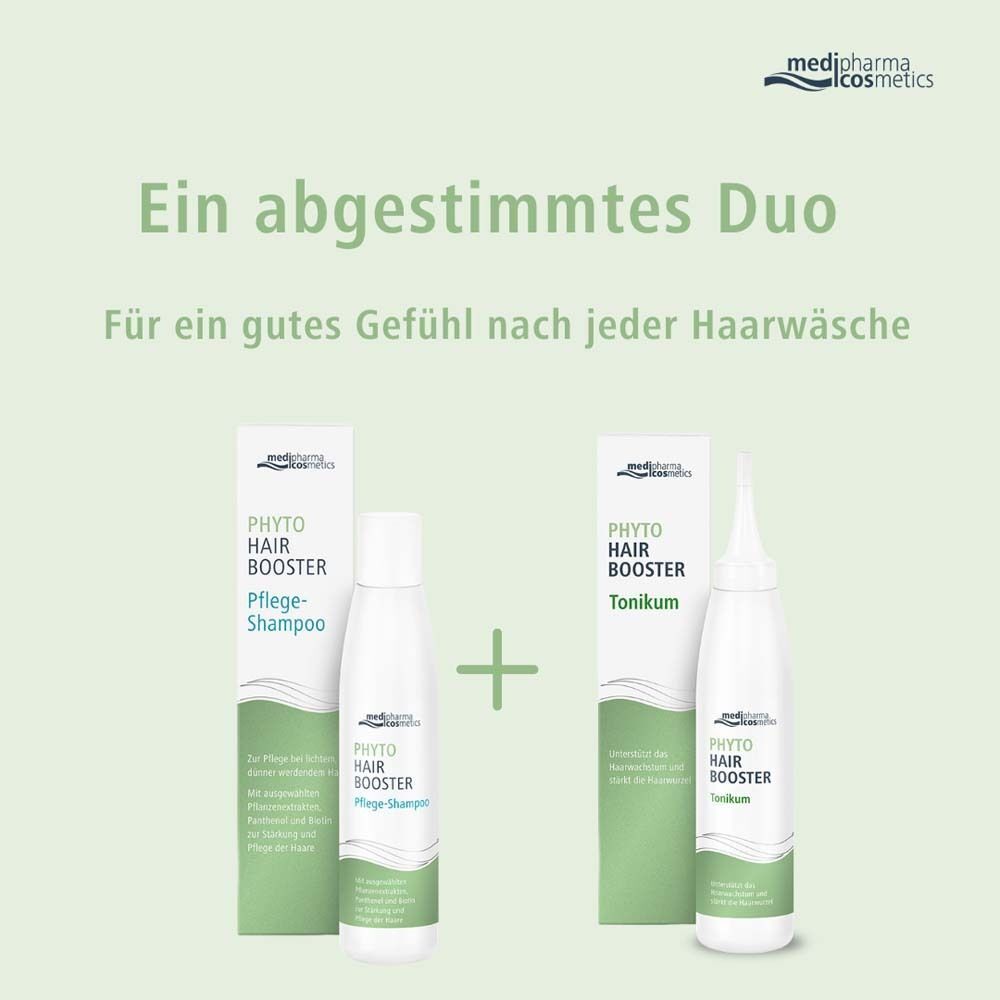 Abbildung eines Duos: PHYTO HAIR Booster Pflege-Shampoo und Tonikum. Beide Produkte in Verpackungen.