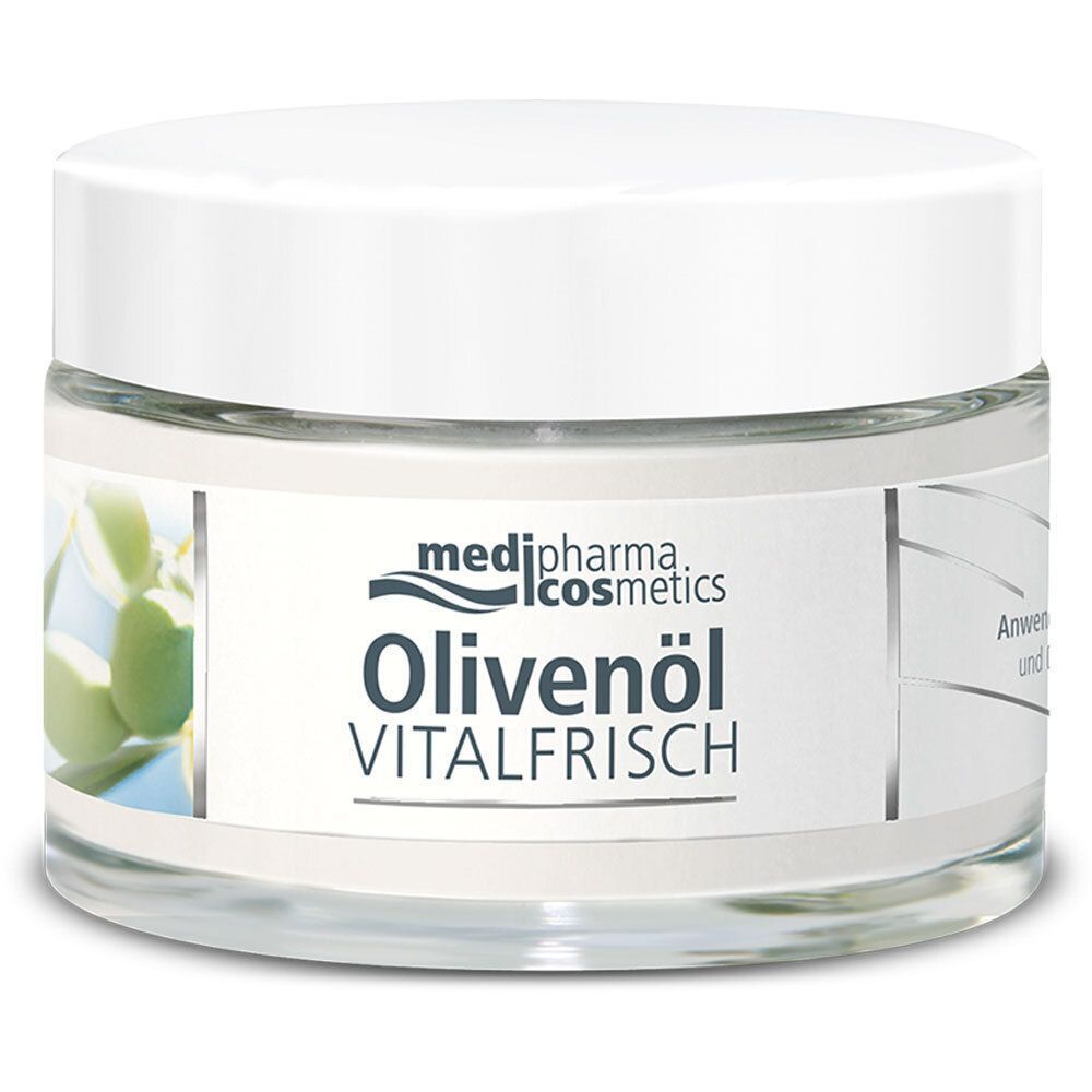 Glasbehälter mit weißem Deckel. Aufschrift: Olivenöl Vitalfrisch. Etikett mit Logo und Produktbezeichnung. Klarer Glasbehälter.